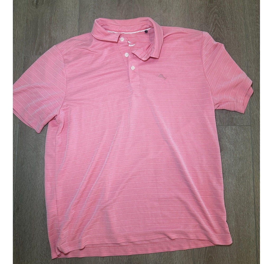 Tommy Bahama Emfielder Men Salmon Pink Polo Shirt Marlin Logo Textured Stripes L